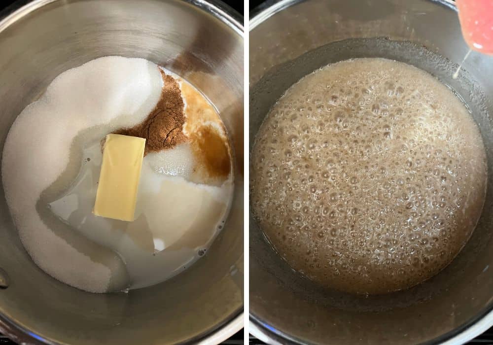 two photos; one shows butter, sugar, pumpkin pie spice, salt, milk, and vanilla extract combined in a saucepan; the other shows the mixture bubbling over medium-high heat, creating a caramel-type sauce