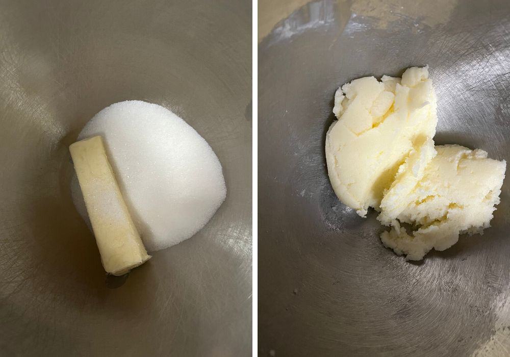 two photos; one shows stick of butter and sugar in a mixing bowl, the other shows the two ingredients creamed together.