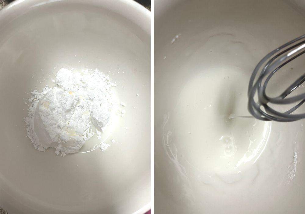 two photos; one shows glaze ingredients in a bowl, the other shows them whisked together until smooth.