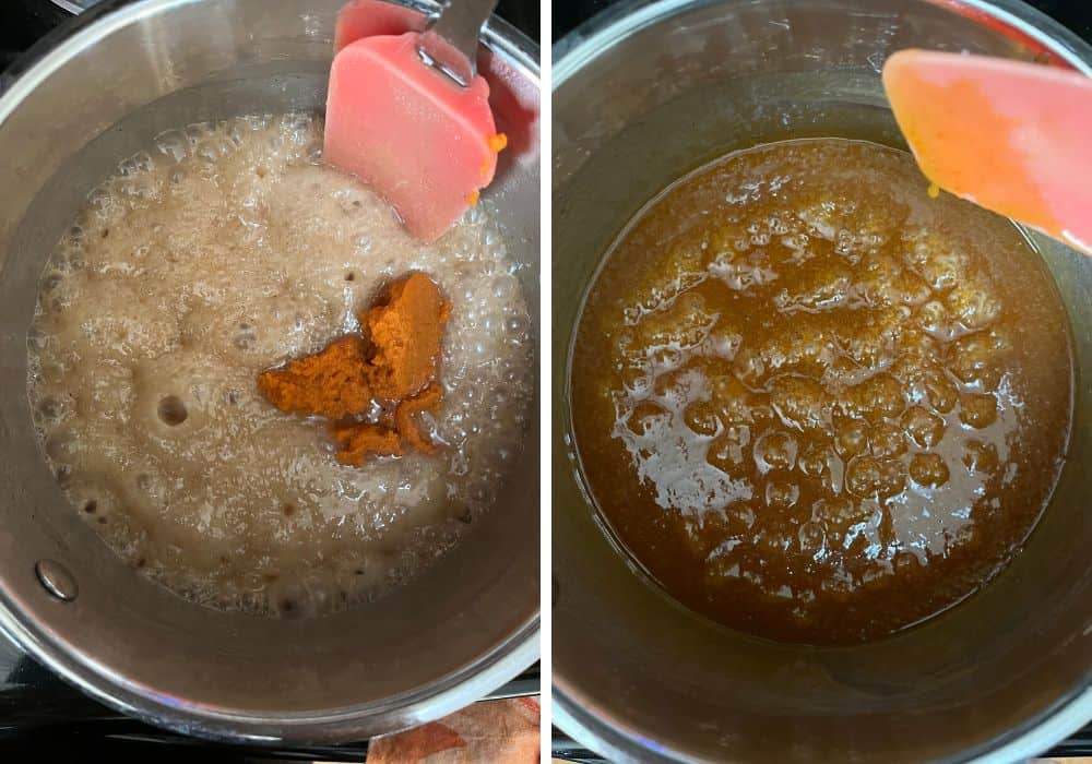 two photos; one shows pumpkin puree added to bubbling caramel mixture, the other shows the puree mixed into the caramel.