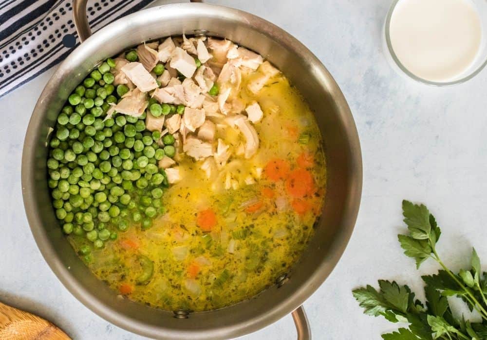 chicken and frozen peas added to broth