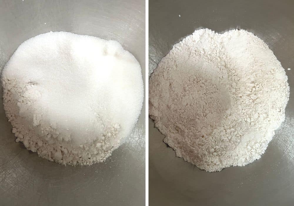 two photos; one has dry ingredients of Bisquick baking mix and sugar in a mixing bowl; the other shows the ingredients mixed together.