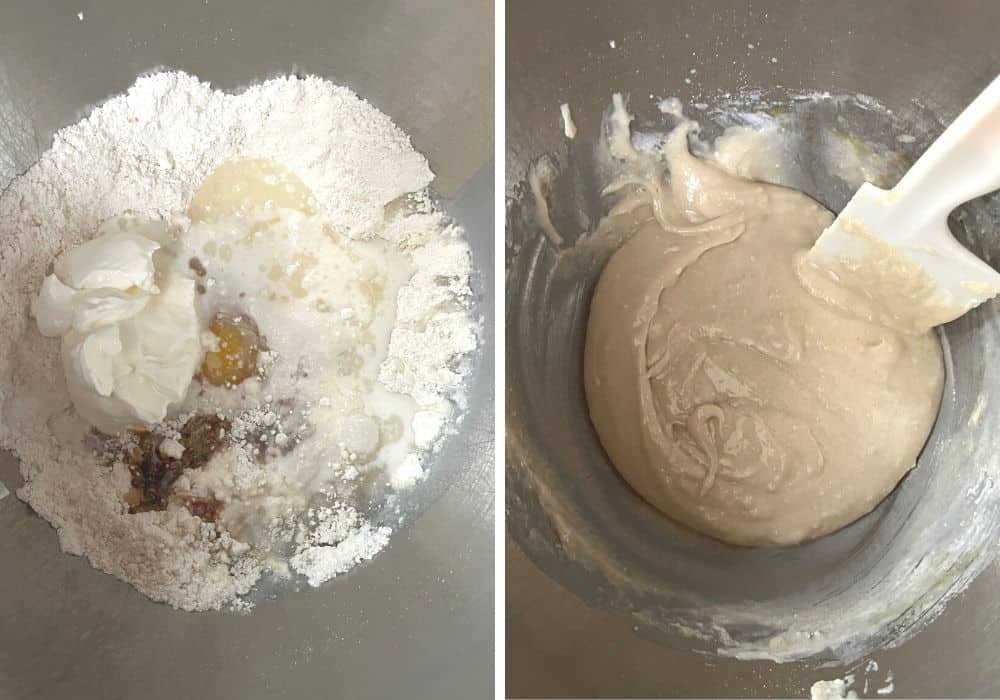 two photos; one shows remaining muffin ingredients (except blueberries) added to the dry ingredients; the other shows the ingredients mixed together into a muffin batter
