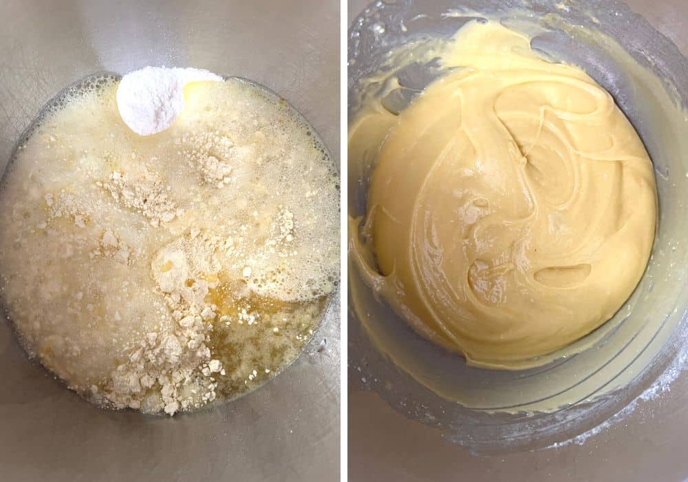 two photos; one shows ingredients for sundrop cake in a mixing bowl, the other shows the ingredients mixed together to form a batter.