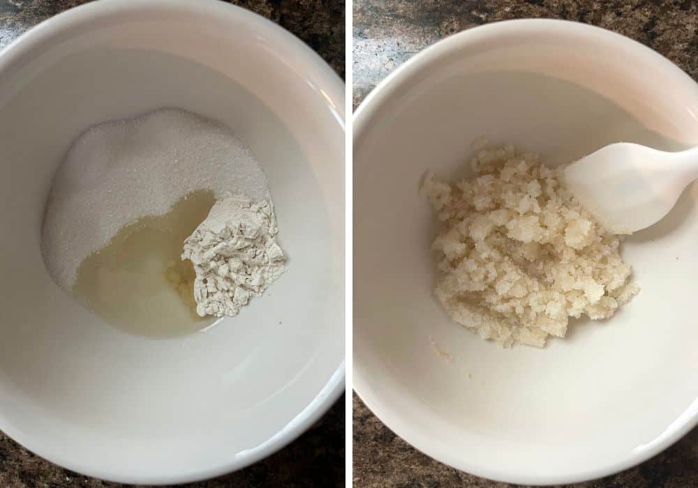 two photos; one shows ingredients for streusel topping in a small white bowl, the other shows the ingredients mixed together to the consistency of wet sand.