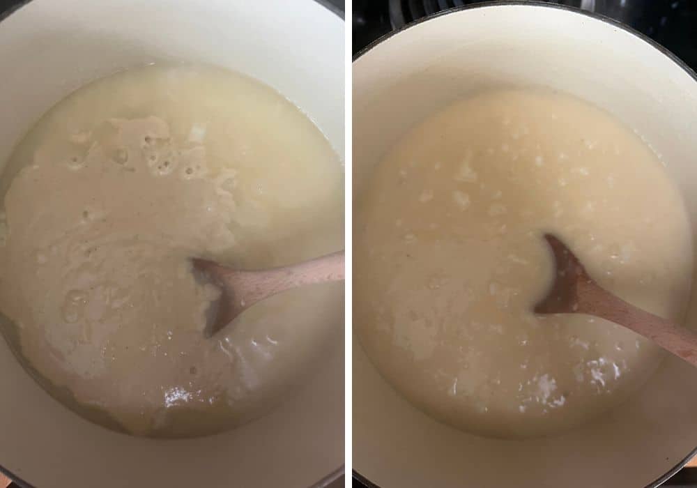 two photos; one shows homemade cream of chicken soup added to the potato mixture; the other shows the ingredients stirred together.