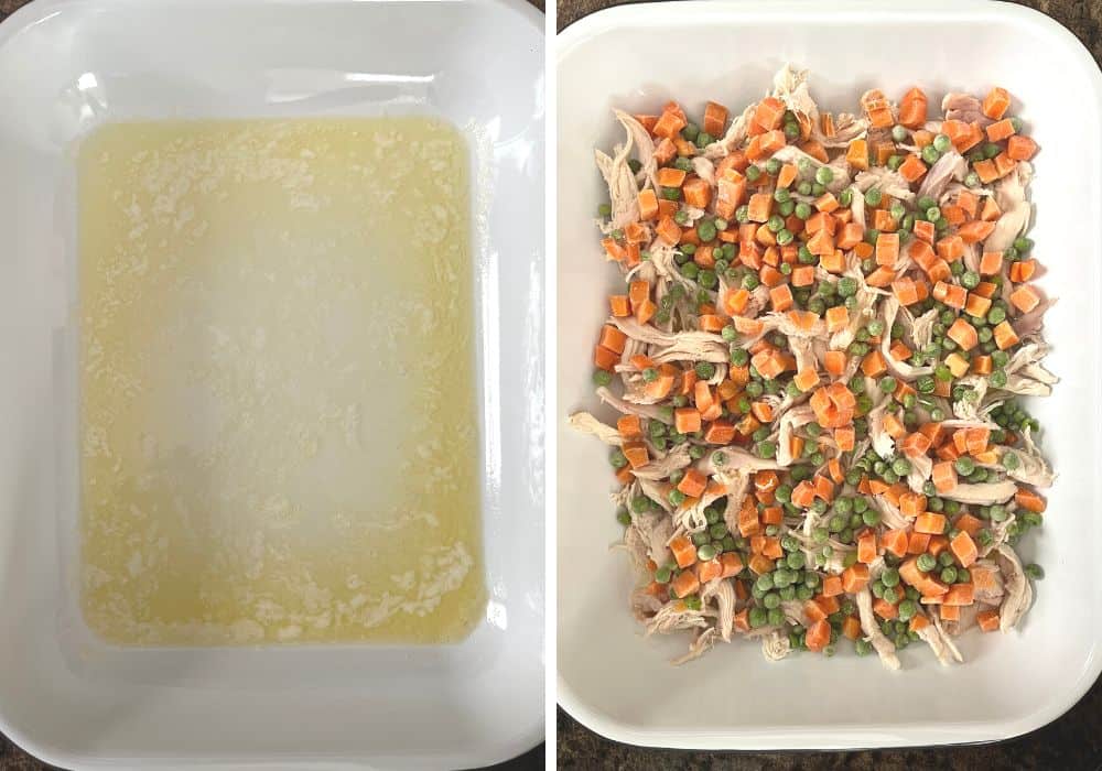 two photos; one shows melted butter in a baking dish; the other shows shredded chicken and frozen veggies sprinkled over the butter.