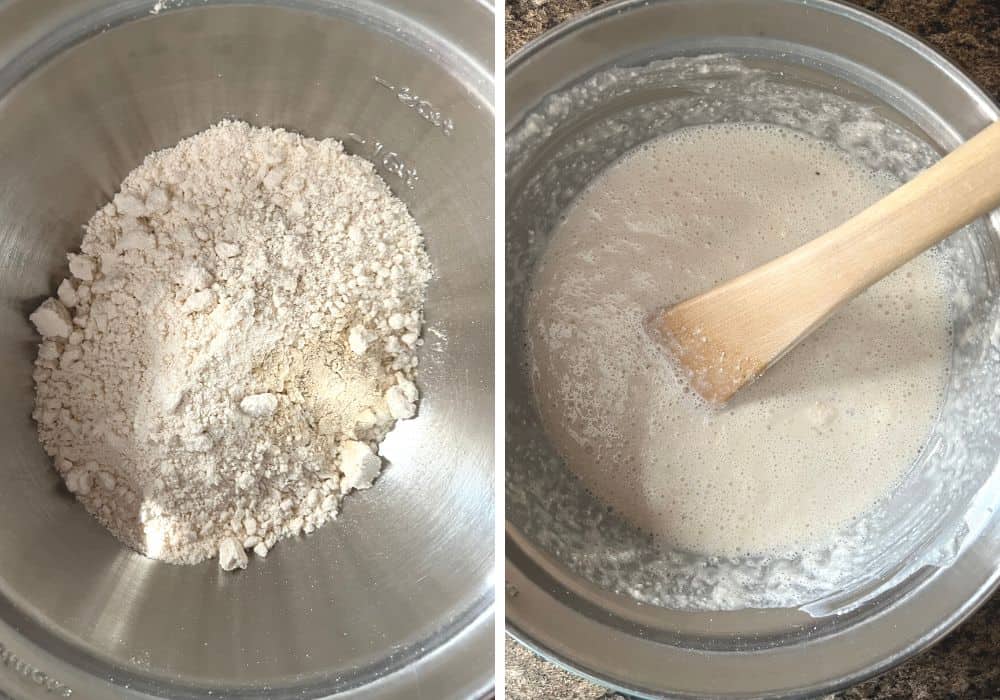 two photos; one shows dry ingredients in a mixing bowl, the other shows milk added to the ingredients, creating a batter.