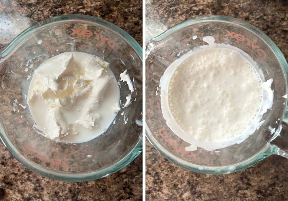 Two photos; one shows cream cheese and milk in a measuring cup, the other shows them blended together until smooth.