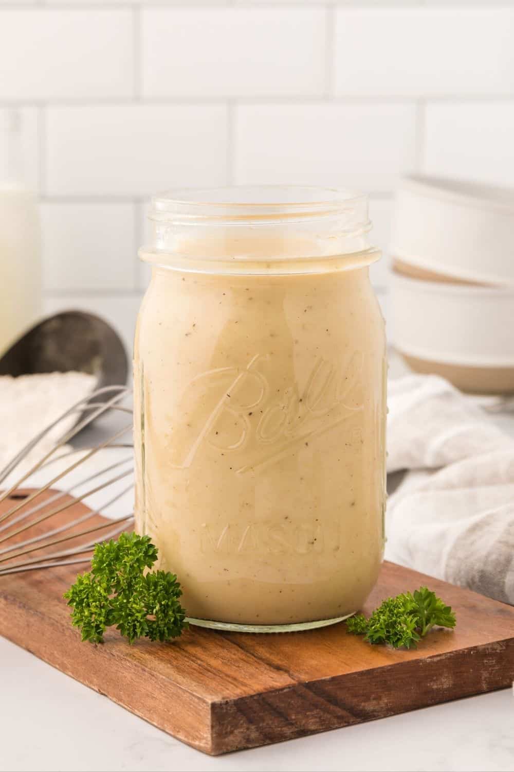 homemade cream of chicken soup in a glass jar, as a substitute for condensed cream of chicken soup.