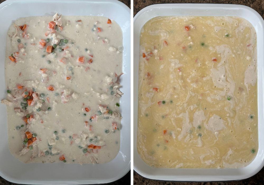 two photos; one shows biscuit mix evenly poured over chicken and veggies; the other shows cream of chicken soup and broth mixture poured over the biscuit batter.