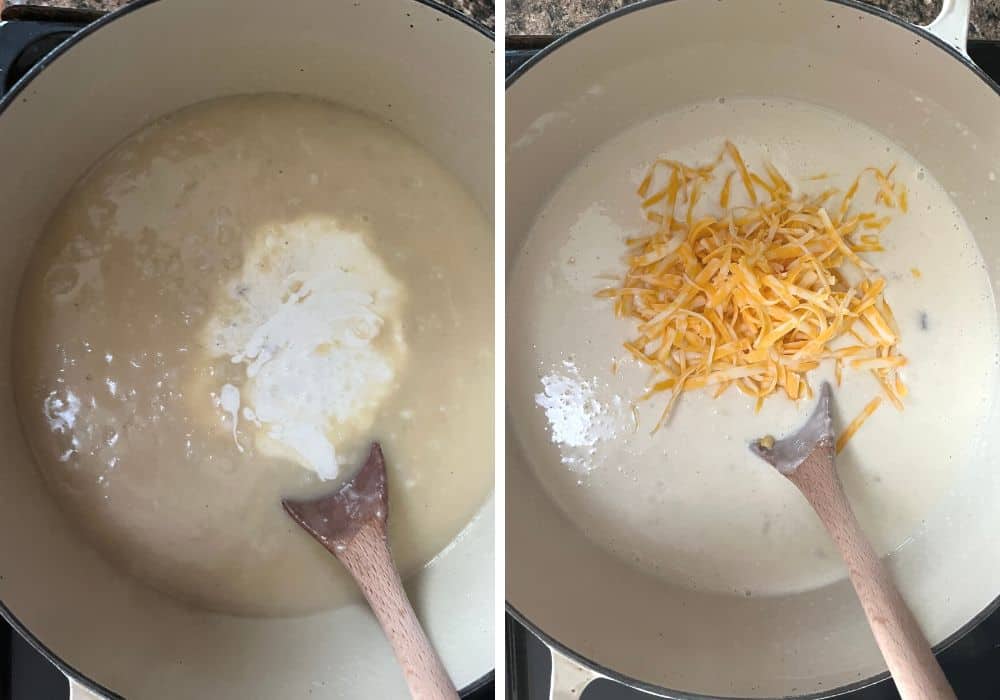 two photos; one shows cream cheese mixture added to soup; the other shows shredded cheese added to soup.