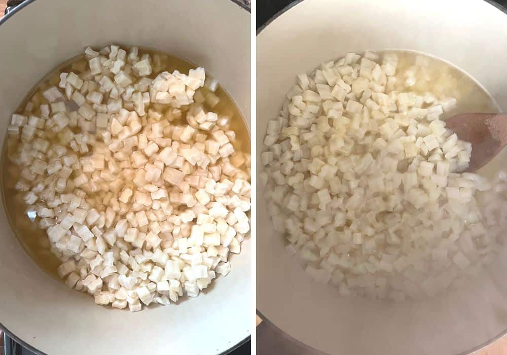 two photos; one shows frozen potatoes and broth in a pot, the other show the potatoes cooked until tender.