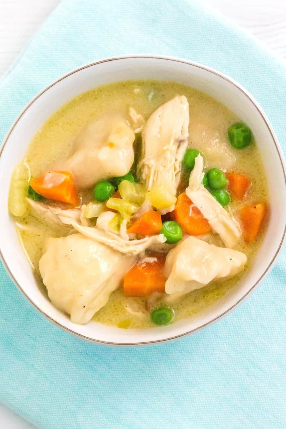 overhead view of a bowl of chicken and dumplings made with biscuit dough