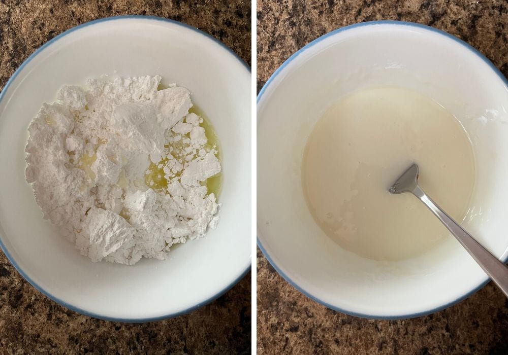 two photos; one shows powdered sugar and Sundrop soda in a bowl, the other shows them mixed together to create a glaze for the sundrop cake