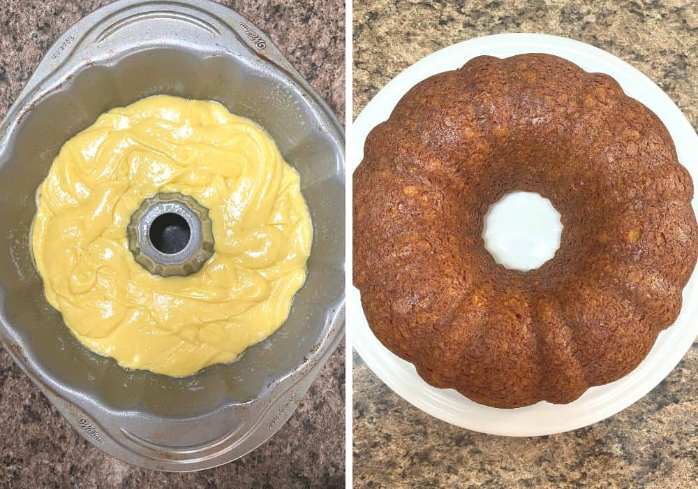 two photos; one shows cake batter in a bundt pan, the other shows baked cake turned out onto a white plate.