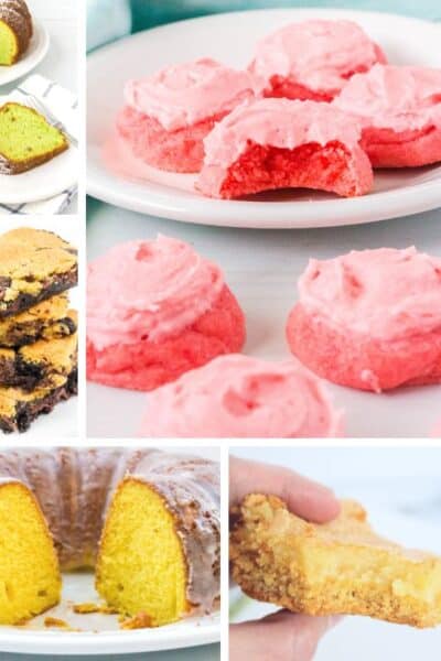 collage image featuring photos of the best potluck desserts, including cookies, cakes, bars, and more.