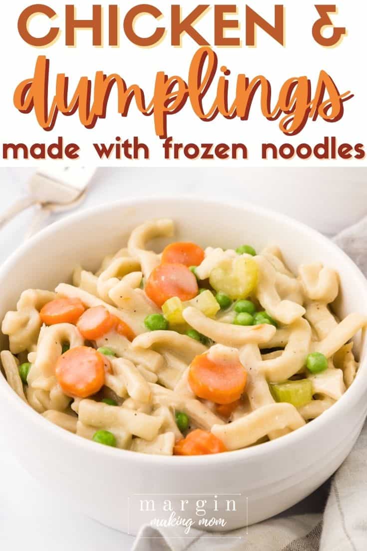 a white bowl serves chicken and dumplings made with frozen egg noodles