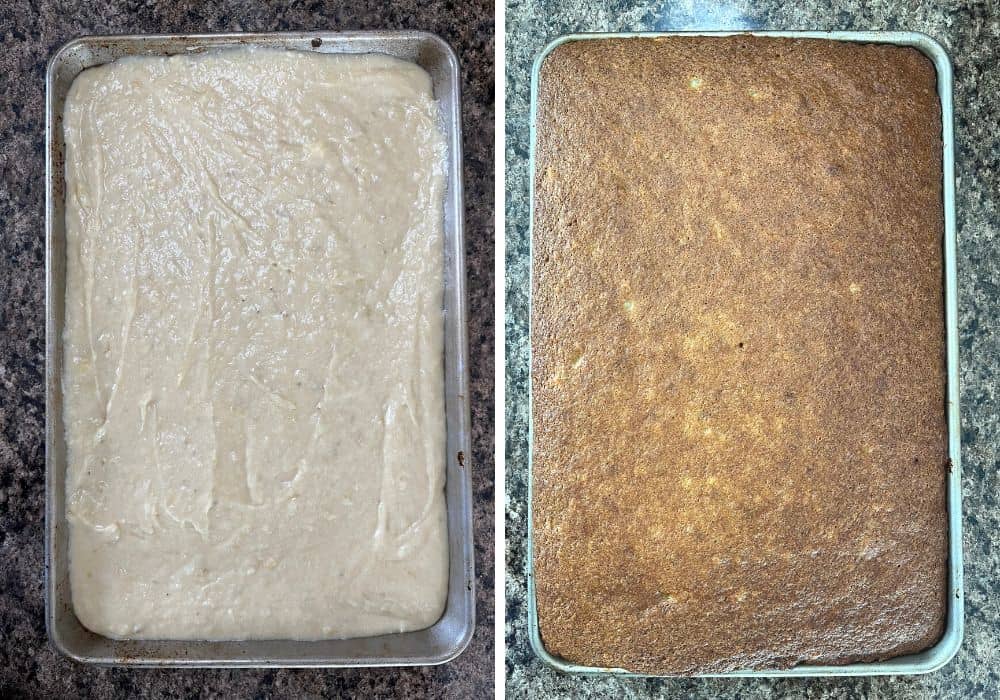 two photos; one shows batter spread in a prepared sheet pan, the other shows the freshly baked cake out of the oven.