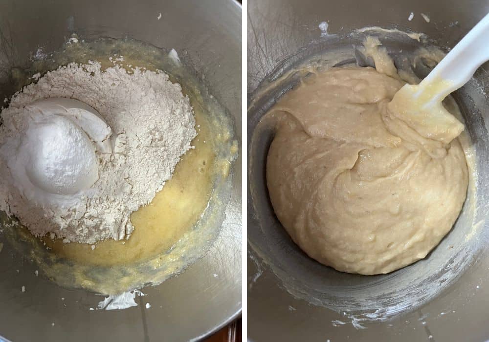 two photos: one shows dry ingredients added to the wet ingredients; the other shows the dry ingredients incorporated into a banana cake batter.