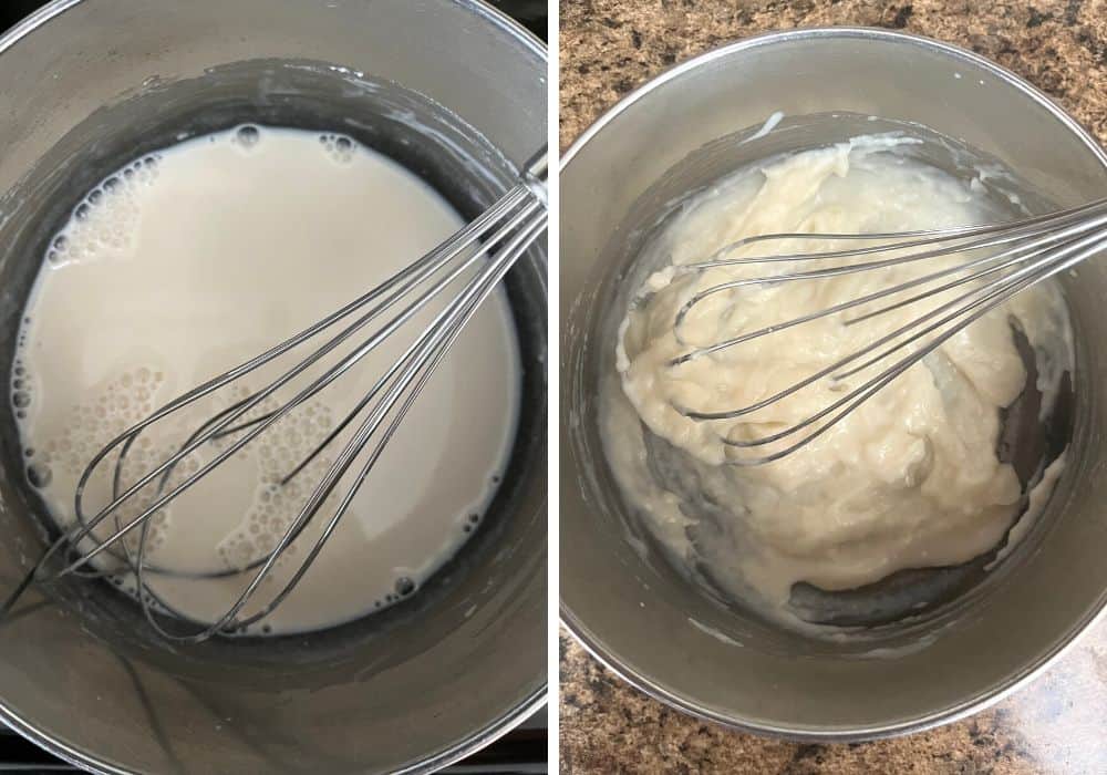 two photos; one shows milk and flour in a small saucepan with a whisk; the other shows the mixture after being cooked to a thick paste.