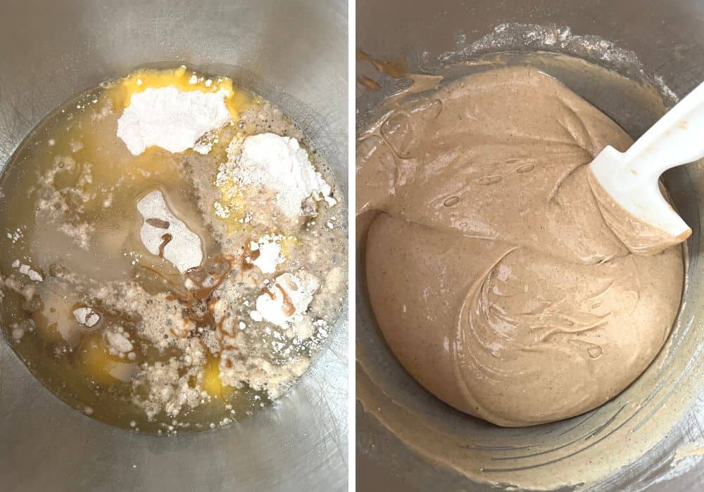 two photos; one shows cake batter ingredients in a mixing bowl, the other shows the ingredients mixed together to form the biscoff cake batter