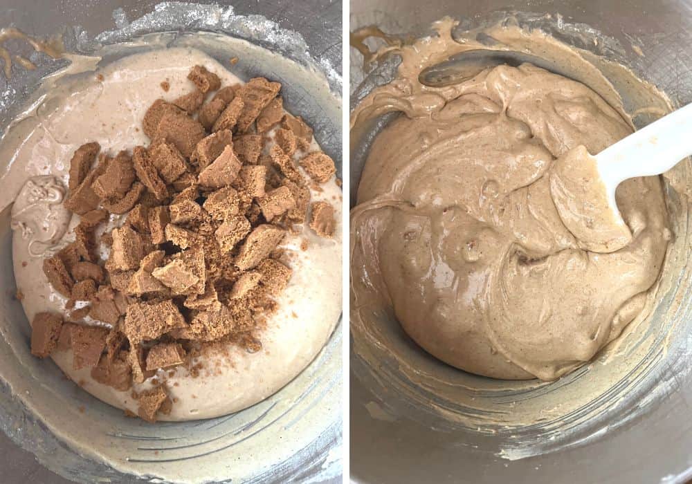 two photos; one shows chopped Biscoff cookies on top of the cake batter, the other shows the cookie pieces mixed into the batter.