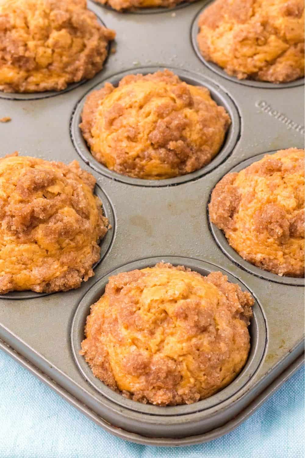 close-up view of freshly baked sweet potato Bisquick muffins, still in the muffin pan.