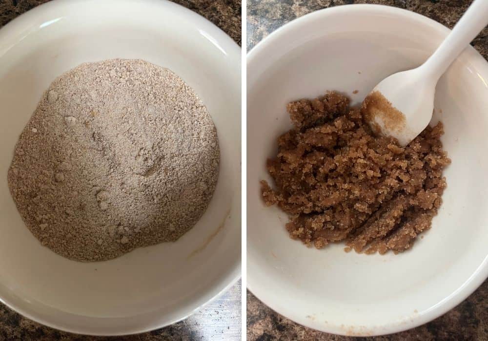 two photos; one shows dry ingredients for streusel topping in a small bowl, the other shows vegetable oil added and the mixture's wet sand-like consistency