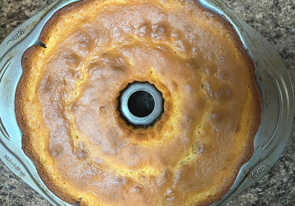 pecan upside down cake, still in the bundt pan, fresh out of the oven