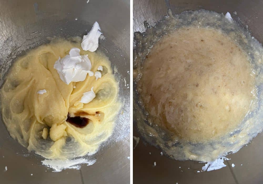 two photos; one shows sour cream and vanilla extract added to the wet ingredients; the other shows the mashed bananas added to the mixture.