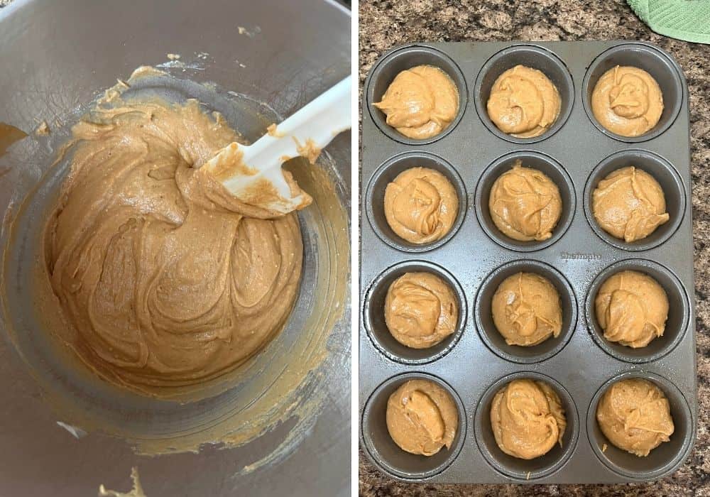 two photos; one shows sweet potato muffin batter, the other shows batter divided among wells of a prepared muffin pan.