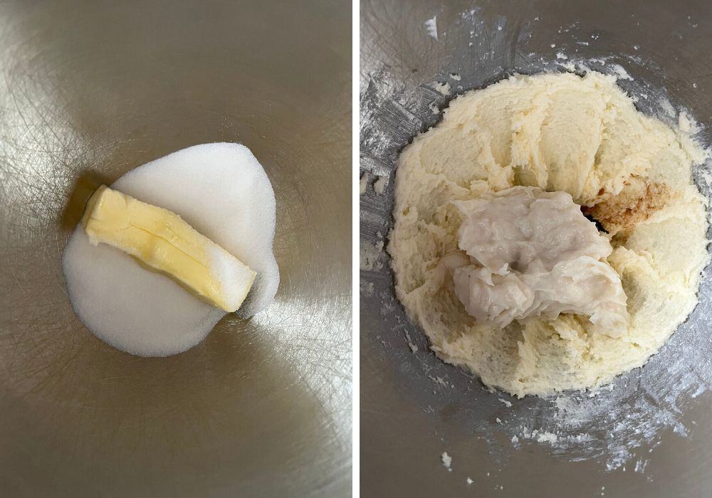 two photos; one shows butter and sugar in a mixing bowl, the other shows the cooled milk paste and vanilla extract added to creamed butter and sugar.