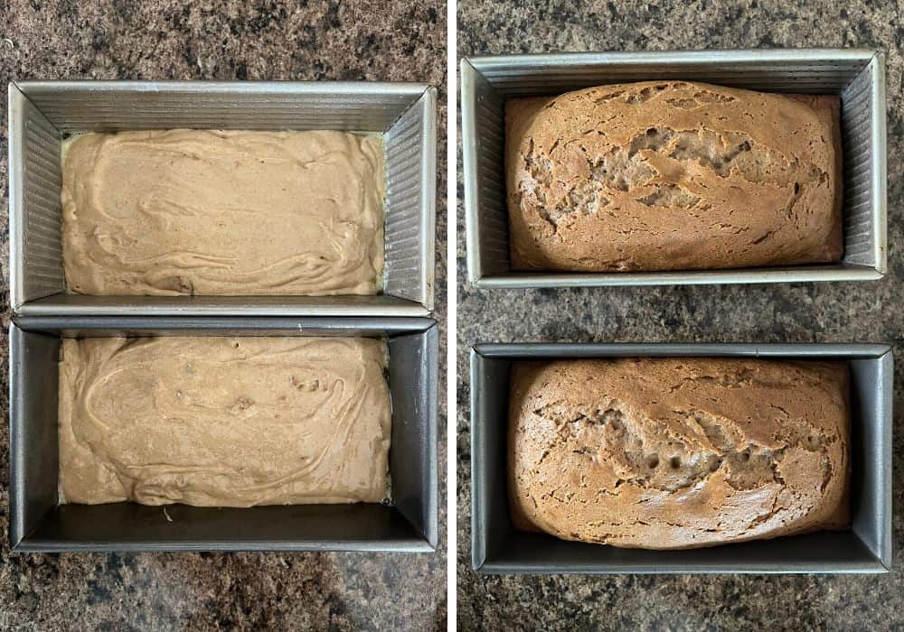 two photos; one shows two loaf pans with biscoff cake batter in them, the other shows two biscoff loaf cakes fresh out of the oven, still in the pans.
