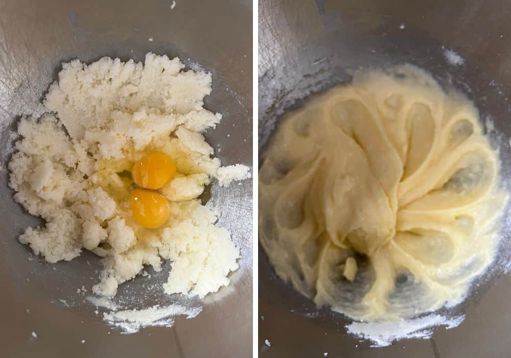 two photos: one shows two eggs added to creamed butter and sugar in a mixing bowl. The other shows the eggs beaten into the mixture.