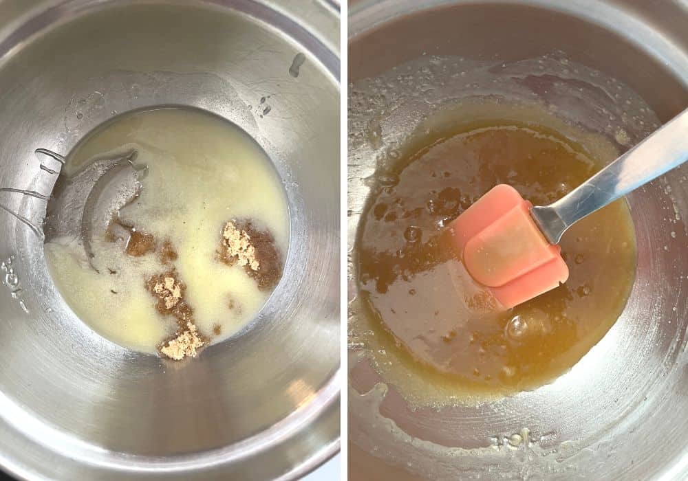 two photos; one shows melted butter, brown sugar, and corn syrup in a mixing bowl. The other shows a spatula stirring the ingredients together to form a syrup.