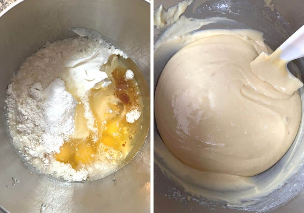 two photos; one shows all cake batter ingredients in a mixing bowl, the other shows the ingredients mixed together to form the pecan cake batter