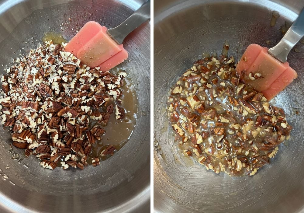 two photos; one shows chopped pecans added to the syrup mixture, the other shows a spatula stirring the pecans into the syrup.