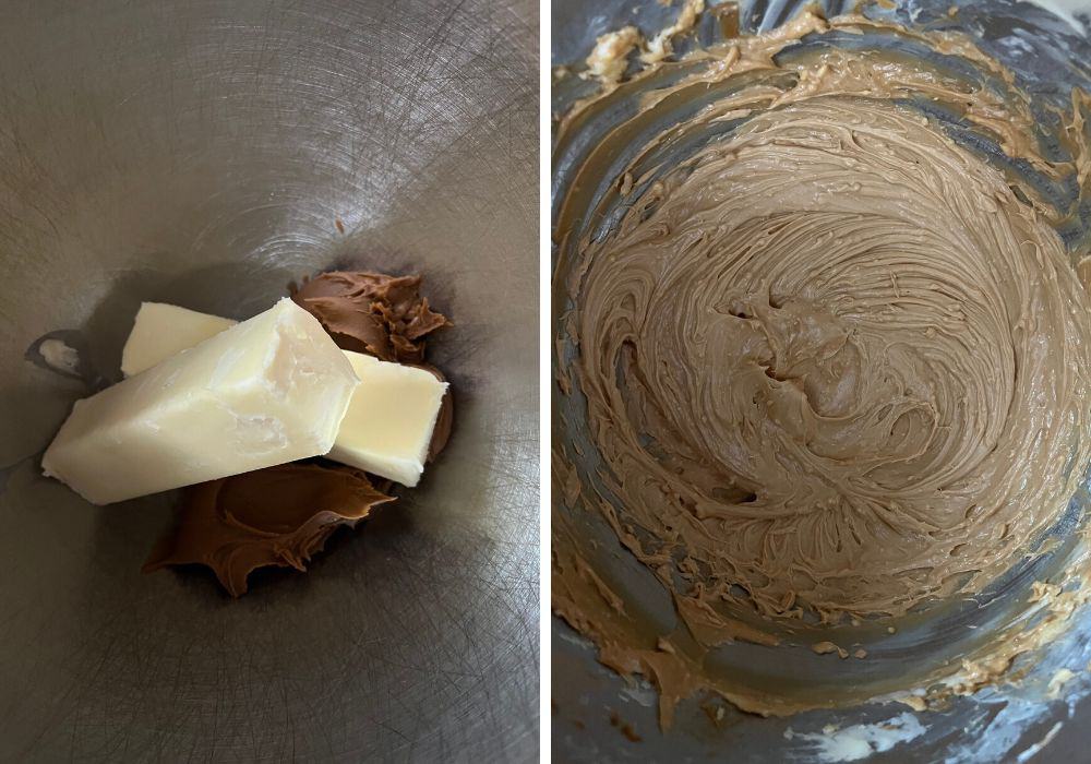 two photos; one shows butter and cookie butter in a mixing bowl, the other shows the ingredients mixed together until smooth.