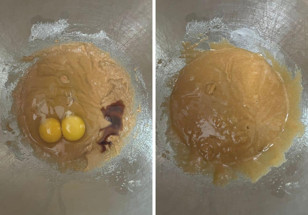 two photos; one shows eggs and vanilla extract added to the oil and sugar mixture; the other shows the ingredients mixed together.