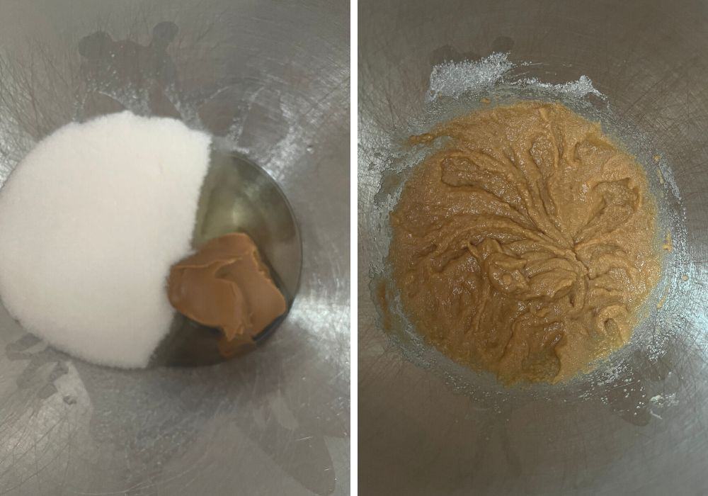 two photos; one shows sugar, oil, and Biscoff cookie butter spread in a mixing bowl; the other shows the ingredients mixed together.