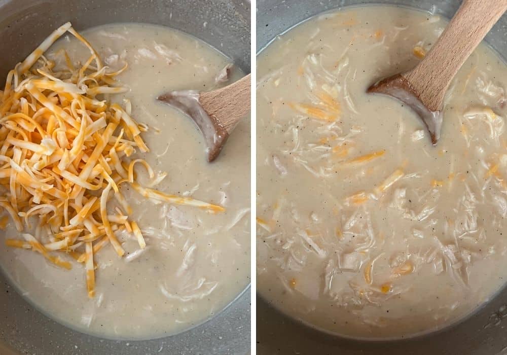 two photos; one shows shredded cheese added to the mixture; the other shows the ingredients mixed together.