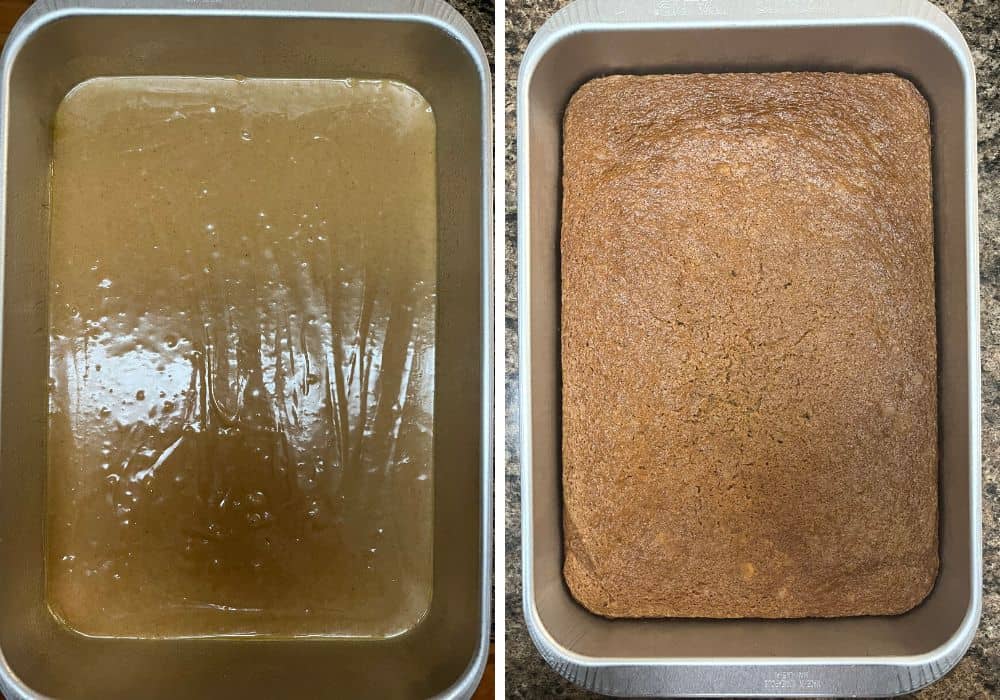 two photos; one shows cake batter poured into prepared pan, the other shows the freshly baked cake in the pan.