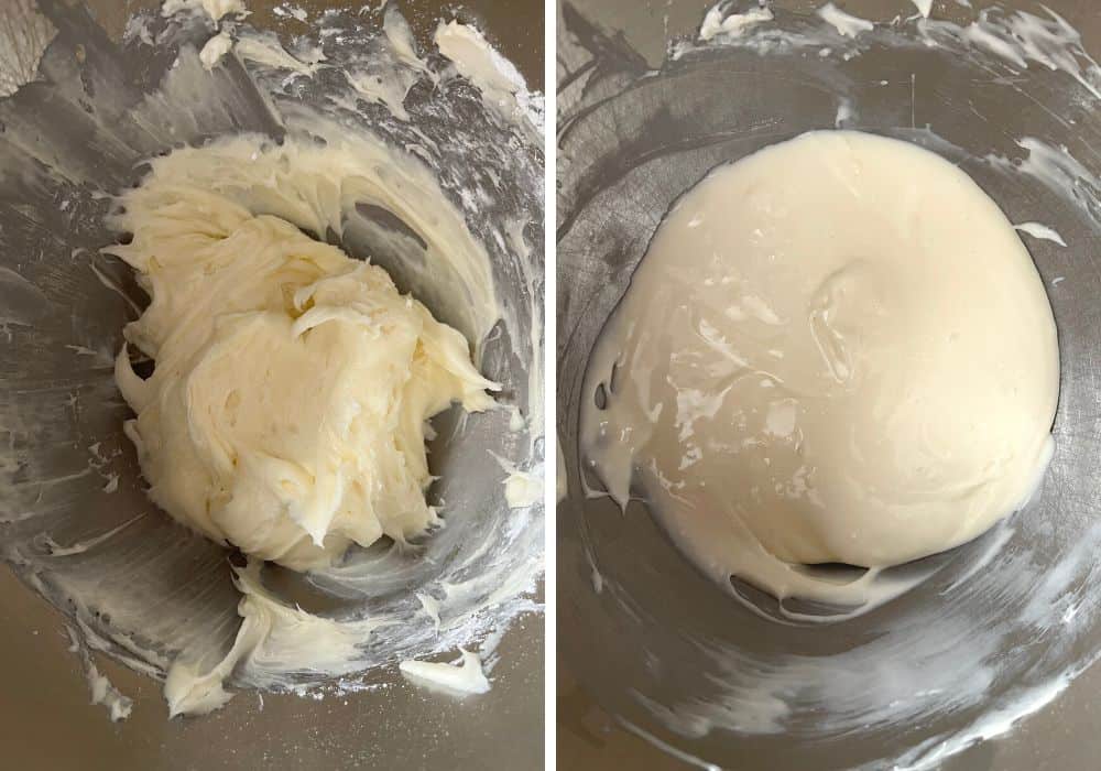 two photos; one shows cream cheese, butter, and powdered sugar mixed together in a bowl; the other shows the bowl after adding milk.