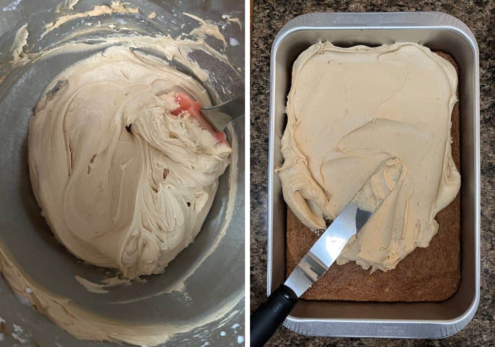two photos; one shows the fluffy frosting after the milk/heavy cream has been added, the other shows an offset spatula spreading the frosting over the Biscoff cake in the pan.