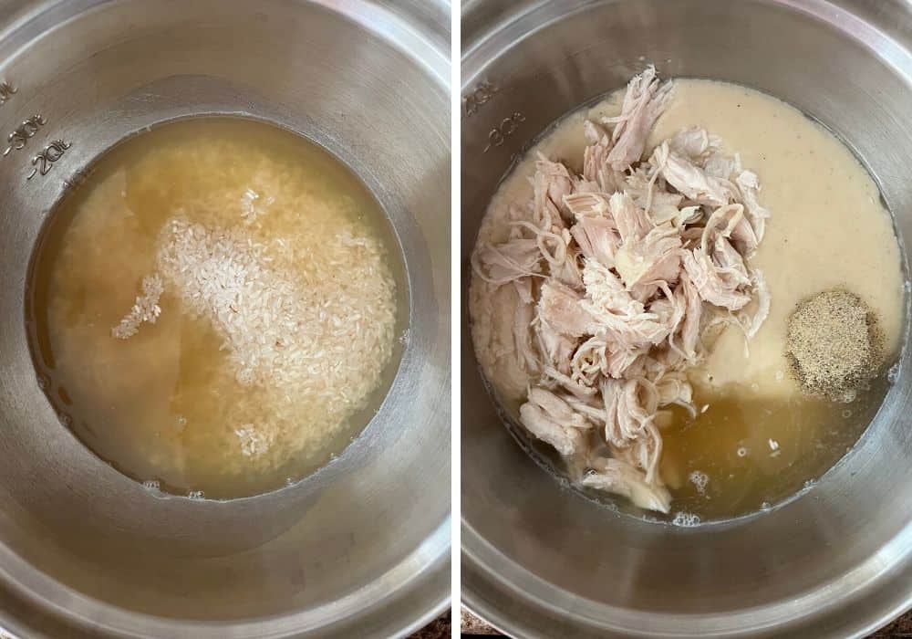 two photos; one shows rice and broth in a mixing bowl, the other shows chopped chicken, cream of chicken soup, and seasonings added to the bowl.