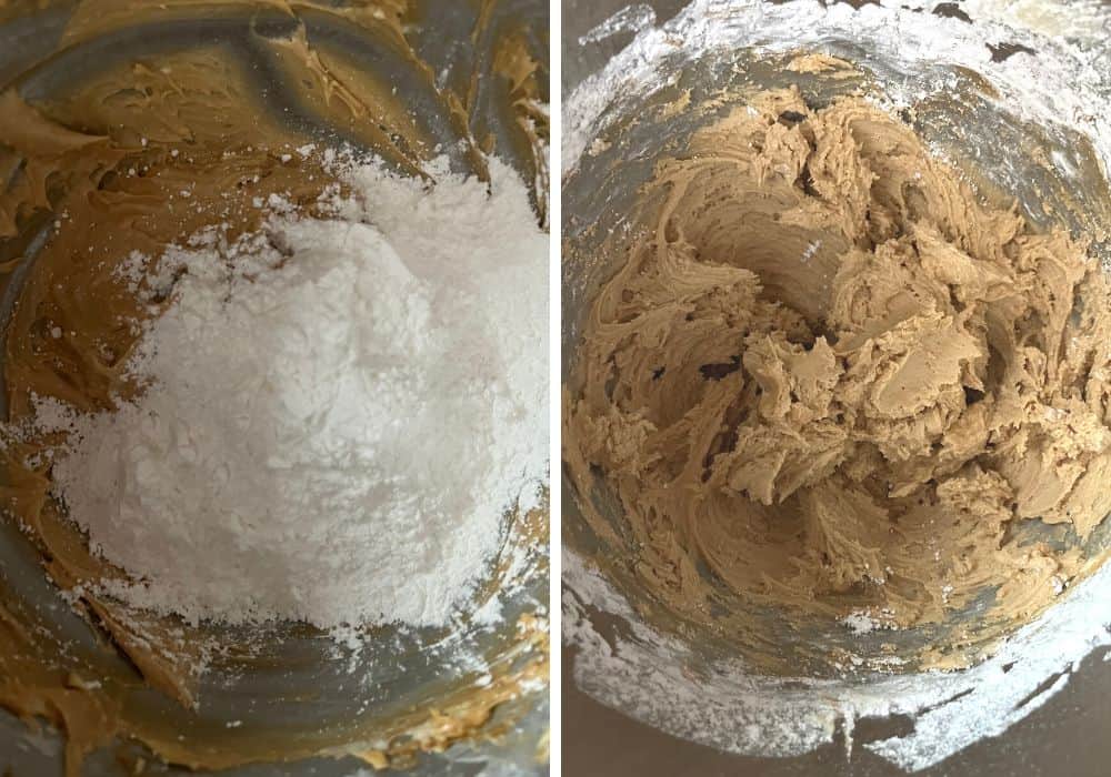 two photos; one shows powdered sugar added to biscoff and butter mixture, the other shows ingredients mixed together 
