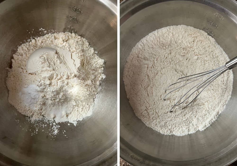 two photos; one shows dry ingredients in a mixing bowl, the other shows the ingredients whisked together.