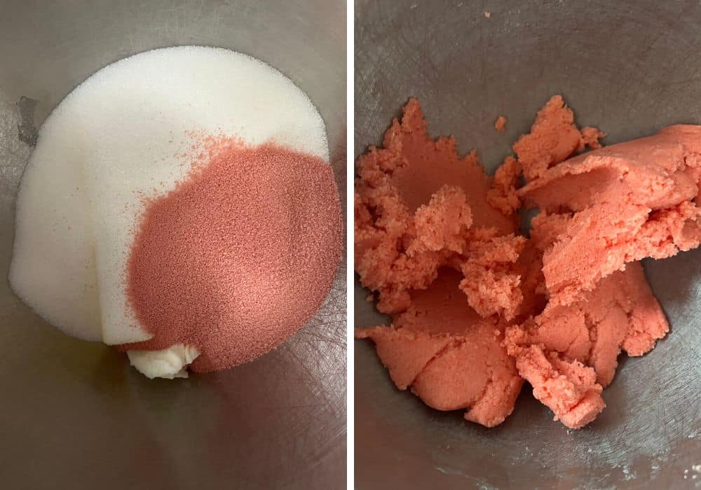 two photos; one shows butter, shortening, sugar, and Jello mix added to a mixing bowl; the other shows those ingredients mixed together.