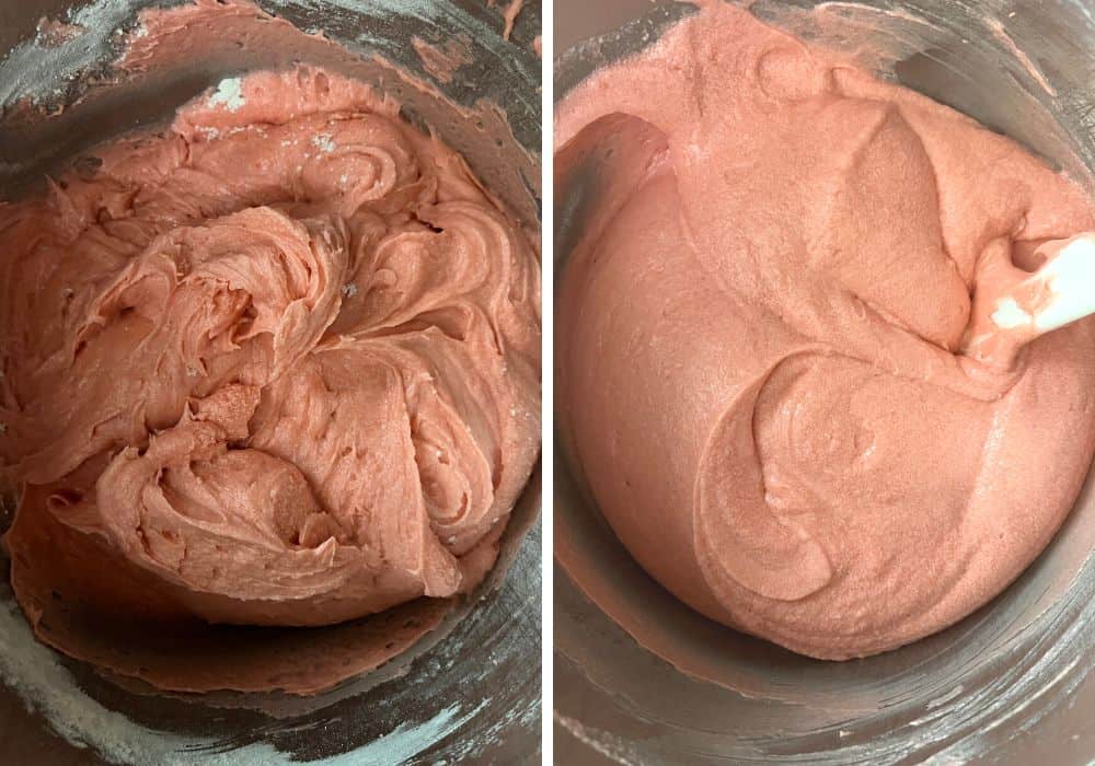 two photos; one shows flour and sour cream added to the cake batter, the other shows the batter after mixing in hot water.